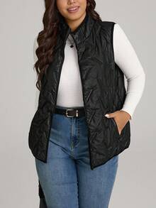 Comfylo Plus Size Solid Color Front Zip Sleeveless Pocket Casual Padded Coat, Daily Wear Winter Fall Autumn