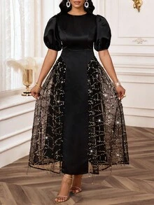 SHEIN Lady فستان أنيق للنساء بأكمام طويلة مصنوع من التول والترتر