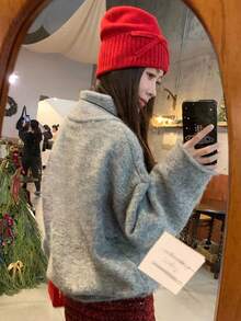 DAZY Vintage American Style Crew Neck Soft & Cozy Oversized Women Sweater, High-End Casual Loose Fit, Autumn/Winter - Grey - View 9
