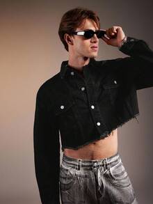 FeverCity 男士黑色长袖夹克，时尚翻领短款外套，秋季款 - 黑色 - 查看 4