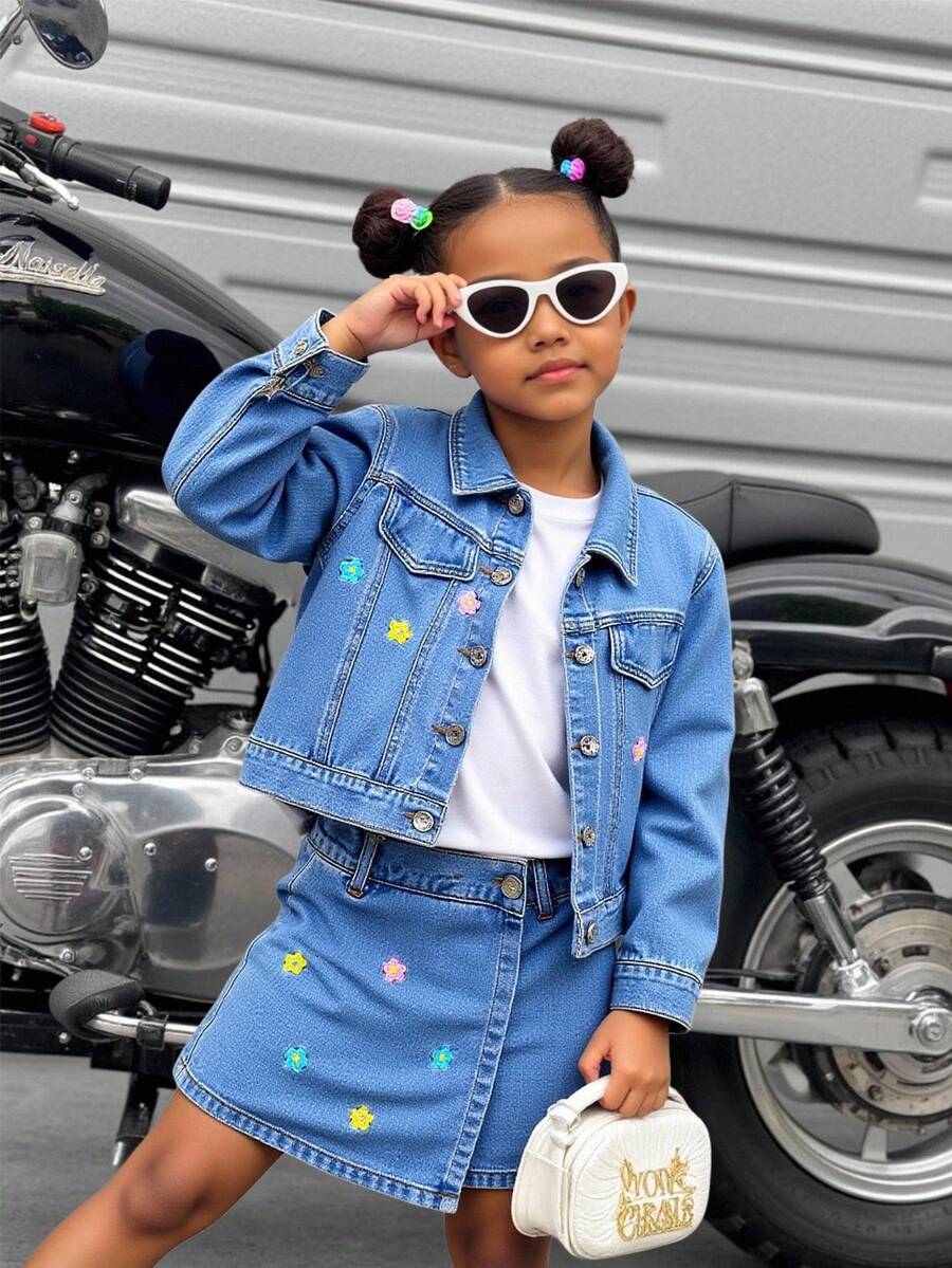 SHEIN Sparklyn 2pcs Set: Embroidered Denim Jacket With Turndown Collar & Asymmetric Hem Skirt, Fashionable & Stylish - Blue - View 1