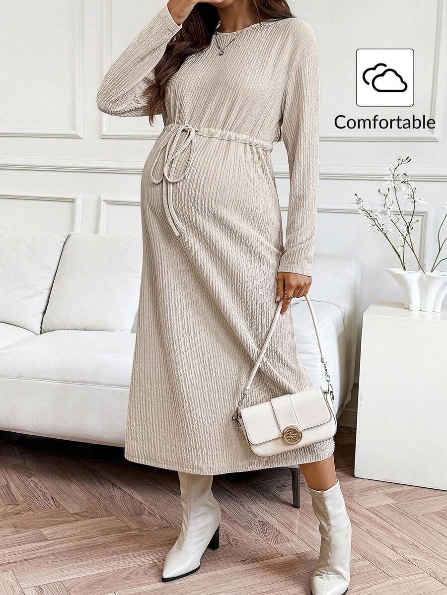 SHEIN Robe de maternité décontractée, mode minimaliste, avec taille cintrée et manches longues - Noir - Voir 1