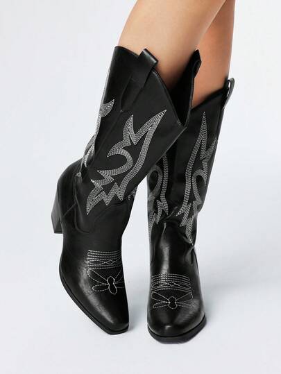 Fairycore Women's Cowboy Boots, New Outdoor Casual Fashion Slip-On Embroidered Faux Western Boots, Leather Upper, Chunky Heel, Pointed Toe Mid-Calf Boots, Spring/Autumn