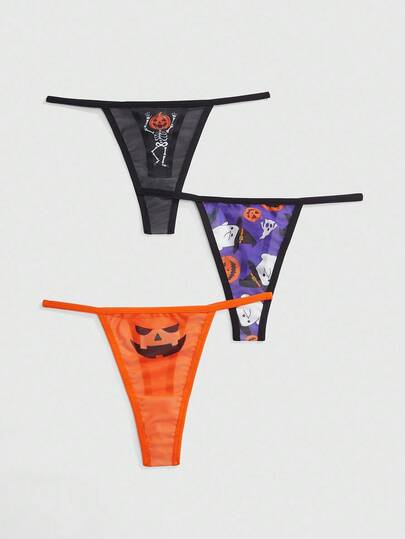 ROMWE Avant 3 Stücke/Set Halloween Kürbis, Geist, Skelett Muster Damen String Höschen