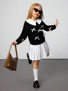 Young Girl Casual Cute School Style Contrast Color Peter Pan Collar Bow Decor Drop Shoulder Loose Sweatshirt, Autumn/Spring Black And White Long Sleeve Sweatshirt With Bows - Black - View 3