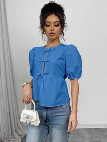 SHEIN Unity 女式夏季泡泡袖蝴蝶结衬衫 - 藍色 - 查看 4