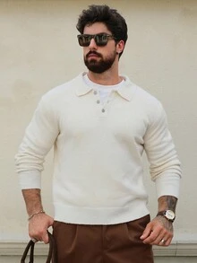 DAZY Men's Apricot Solid Color Polo Neck Sweater, Autumn - White - View 5