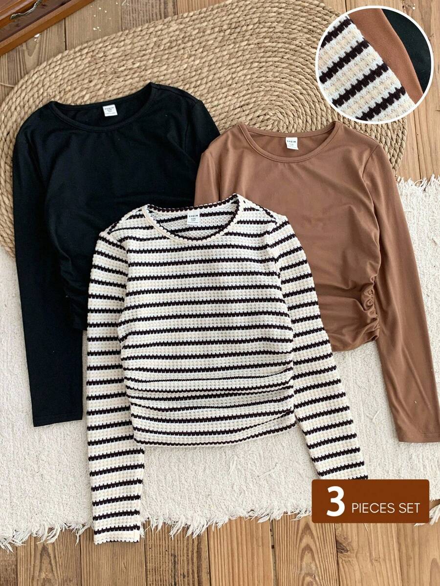 LMoss Kids 3pcs/Set Tween Girls' Solid Color Crew Neck Casual T-Shirts Long Sleeve Tops Fitted Tops Basic Tops Striped Long Sleeve Top Long Sleeve Shirts For Teen Girls Chic Outfits For Autumn/Winter,Suitable For Home, Can Be Worn Inside Or Outside,Winter Clothes, Fall - Multicolor - View 1