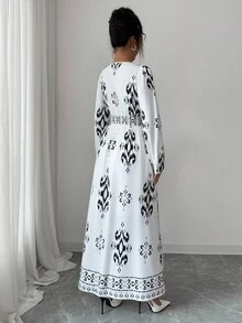 Elenzga Damen Kontrastfarbiges bedrucktes Kleid mit Quadratausschnitt und Langarm - Weiss - Übersicht 2