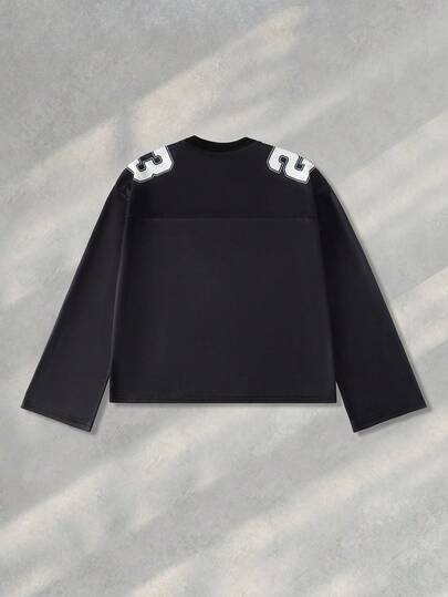 Prep Camiseta de manga larga con cuello redondo y patrón numérico versátil para hombre, para el otoño