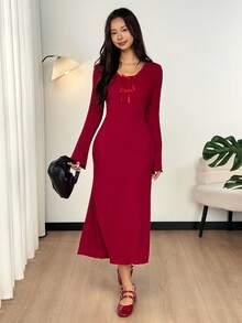 SHEIN 少女休闲简约舒适V领长袖束腰连衣裙 - 紅色 - 查看 8