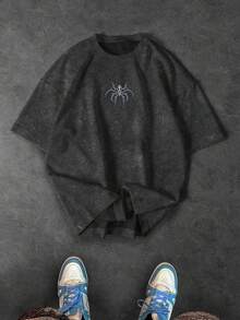 Gym Rark 2 buah Kaos Olahraga Pria Modis dengan Motif Grafis Jalanan, Bahu Jatuh, Model Longgar, Warna Washed, Musim Panas - Hitam - View 3