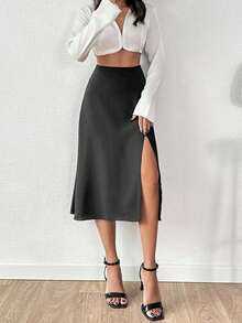 SHEIN Cottnline Women's Solid Color Minimalist A-Line Skirt, Casual Everyday - Grey - View 6