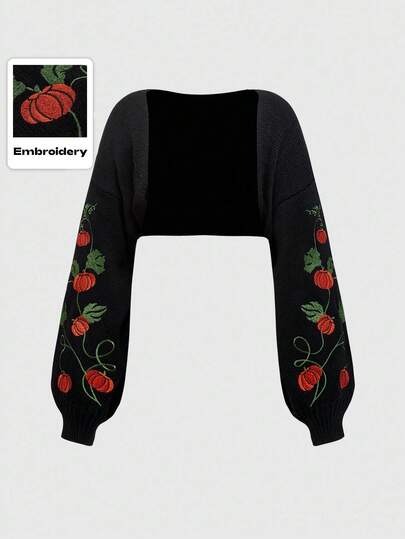 Halloween Gothic Pumpkin Vine Embroidery Women's Cropped Shrug Thin Cover Up Outerwear