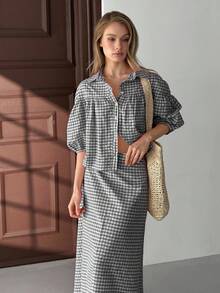 EURMUSE Bộ trang phục hai mảnh cho nữ, áo sơ mi và váy kiểu gingham - màu xanh lá - Xem 4