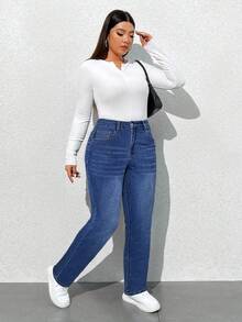 SHEIN Tall CURVE 大码时尚休闲水洗猫须斜口袋弹力牛仔裤 - 中等水洗藍 - 查看 3