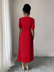 Vestido plisado elegante de cintura ceñida en unicolor de gasa - Rojo - Ver 2
