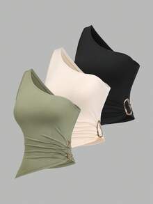 Sweetra 女士新款不对称单肩金属扣装饰衬衫套装，适合海滩度假，春夏季 - 彩色 - 查看 1