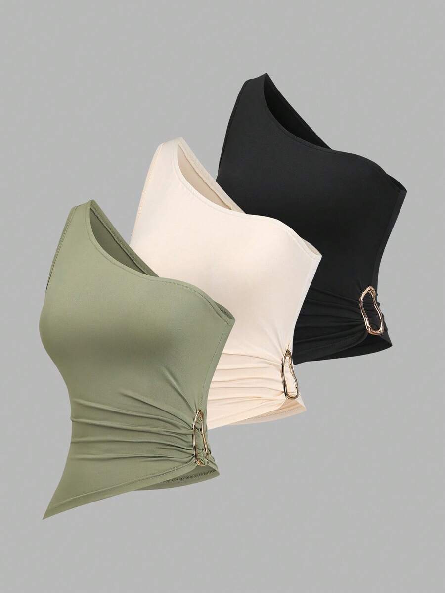 Sweetra 女士新款不对称单肩金属扣装饰衬衫套装，适合海滩度假，春夏季 - 彩色 - 查看 1