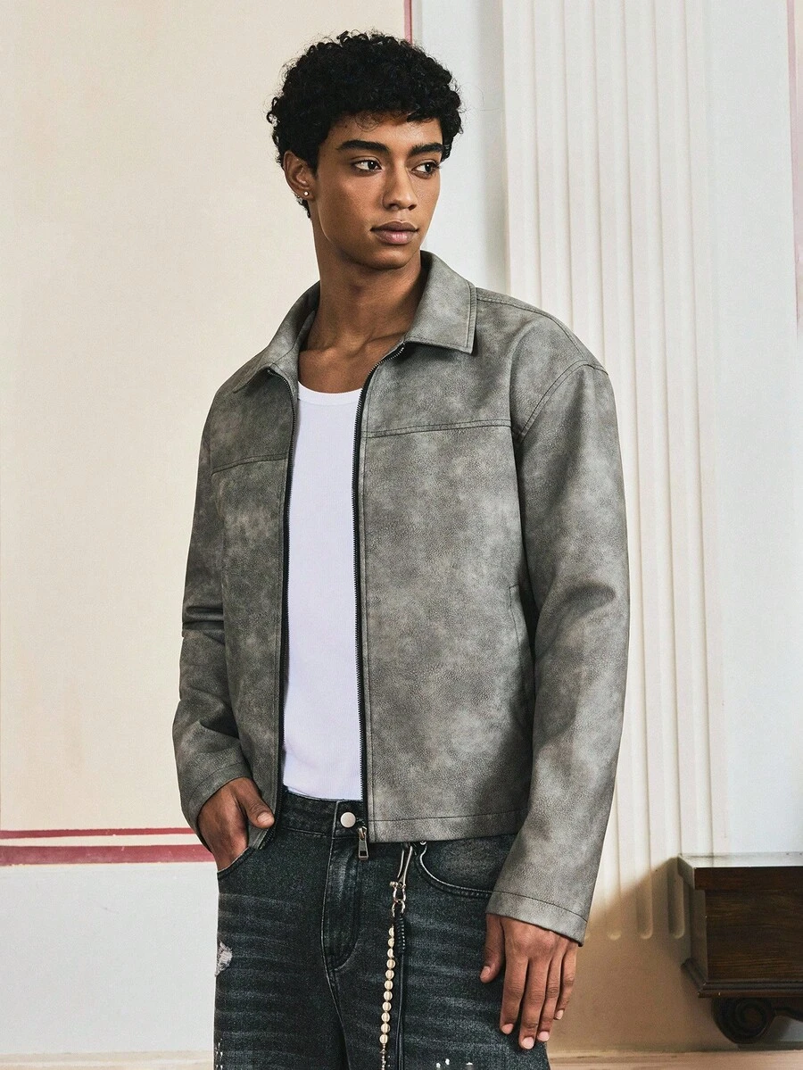 EASEVO 大码男士休闲复古做旧夹克 - 灰色 - 查看 1