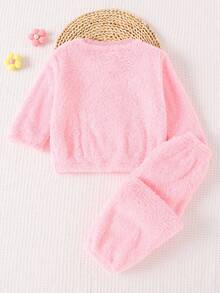 SHEIN 2 件套女婴时尚可爱舒适蝴蝶刺绣羊毛圆领长袖运动衫和裤子套装，秋冬 - 粉色 - 查看 2
