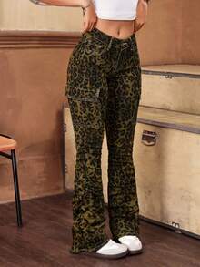 SHEIN ICON Jeans de pierna acampanada con estampado de leopardo para mujer