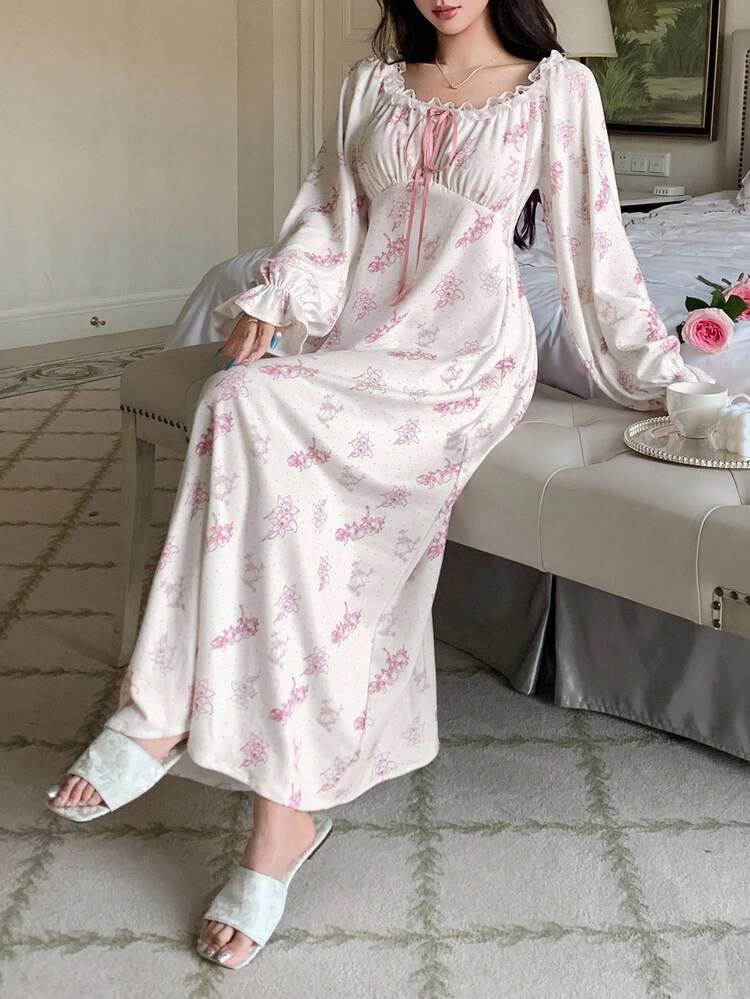 Romantic French Polka Dot & Floral Allover Print Ruffle Trim Open Front Waist Cinched Women Nightgown Pajama
