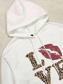 Attitoon Casual Vintage Style Retro Letter LOVE Leopard Lip Print Loose Fit Thick Hoodie Sweatshirt For Women, Suitable For Autumn/Winter, Vintage, Sexy, Cute, Y2K, Bohemian, Hippie, Music Festival, Punk, Y2K, Sexy, Goth,Fall
