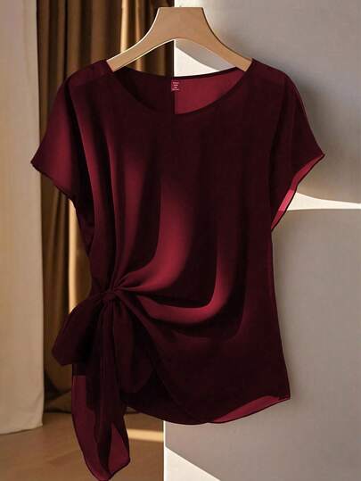 Franclia Plus Size Casual Flared Shoulder Sleeve Shirt, Spring/Summer Dark Red Blouse Maroon Top Wine Red Top Burgundy Top Women Elegant Top