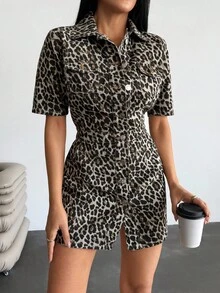 EURMUSE Button Front Leopard Print Mini Denim Dress - Multicolor - View 3
