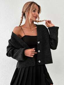 EURMUSE Women's Casual Ribbed Button-Up Cardigan,Cardigans,Long Cardigans Woman,Petite,Tall - Black - View 3