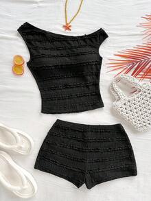 Soleia 女士度假春夏两件套：红白条纹针织不对称肩部短款上衣和超低腰紧身短裤，适合派对、圣诞节、情人节、约会、海滩、游轮、狂欢节、复活节 - 黑色 - 查看 5