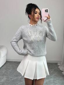 Elenzga كنزة صوفية نسائية أنيقة بياقة مستديرة وتطريز دانتيل وزخرفة فيونكة - رمادي - مشاهدة 3