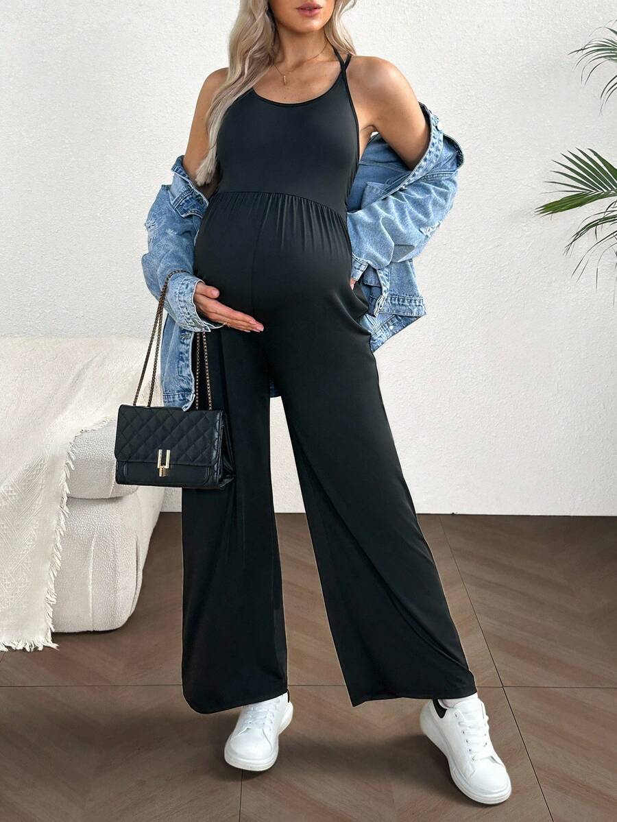 SHEIN 休闲百褶宽松直筒可调节肩带孕妇连体裤 - 黑色 - 查看 1