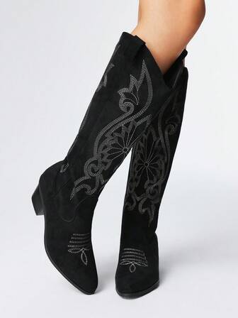 Kawaii Damen Mode Große Größen Gestickte Western Cowboy Stiefel, Veloursfutter, Schlupfstiefel bis zum Knie, Herbst/Winter 2025 Neu Outdoor