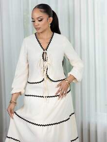 Melissa Matos 2 chiếc/bộ váy & chân váy xếp nếp tay đèn lồng phong cách Pháp thanh lịch - Màu be - Xem 3