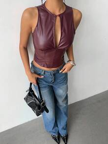 Aloruh Áo nữ mùa thu, kiểu dáng thường ngày, đơn giản, thanh lịch, phù hợp đi làm, màu trơn, chất liệu da, thích hợp đi xem hòa nhạc, đi chơi, kiểu Ankla, màu đỏ, chất liệu PU, không tay, phong cách Y2K. - Màu Đỏ Sâu - Xem 7