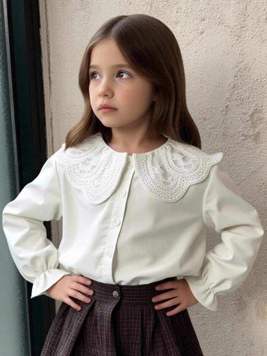 Elladie kids New Fashion Sweet Lace Collar White Long Sleeve Blouse Top For Young Girl, Versatile Undershirt Fall Winter - White - View 1