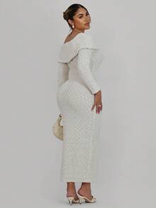 Xyvia Women's Casual Elegant Long Sleeve Sweater Dress - Apricot - View 4