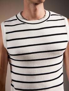 FeverCity Men's Casual Commuter Striped Pattern Slim Fit Sweater Vest, Autumn, For Fall Winter - Black and White - View 3