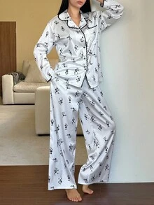 DAZY Ditsy Floral Contrast Lace Trim Women Pajama Set, Fall Clothes - White - View 3