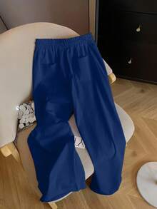 Airaco 休闲通勤宽松抽绳松紧腰运动街头直筒裤女款裤子 - 寶藍色 - 查看 2