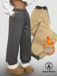 Coolane Women's Fall/Winter Warm Comfy Going Out Streetwear Elastic Waist Drawstring Casual Grey Pants With Pockets, Thermal Lined, Loose Fit