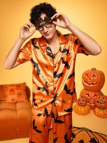 Notgurli 2 szt. zabawny nadruk graficzny na Halloween, rodzic-dziecko, impreza rodzinna, duch, dynia, kołnierz, spodnie z krótkim rękawem, wygodny domowy, miękki, bawełniany, satynowy zestaw piżamowy dla mężczyzn - Czarne - Zobacz 5