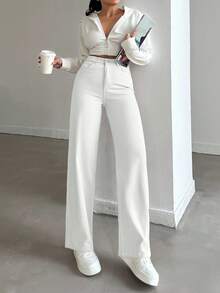 EURMUSE 100%Cotton Solid High Waist Straight Leg Jeans For Dailywear - White - View 5