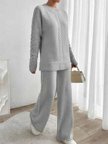 EURMUSE Women's Autumn Cable Pattern Raglan Sleeve Sweater And Knit Pants Casual 2 Pieces Set - Grey - View 4