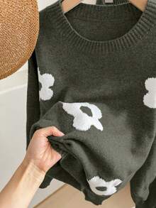 EURMUSE 2pcs/Set Women Crochet Flower Pullover Sweater Top And Pants Suit, Warm And Comfortable,Winter Clothes - Army Green - View 5