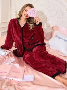 SHEIN 女士撞色保暖柔软舒适抓绒冬季红色蓬松睡衣套装，秋季服装，舒适保暖 - 紅色 - 查看 4