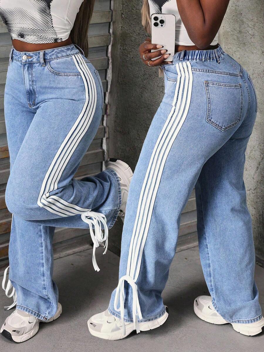 Slaydiva Plus Contrast Tape Side Knot Side Wide Leg Jeans - Blue - View 1