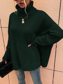 SHEIN LUNE 秋冬休闲宽松纯色高领毛衣 - 綠色 - 查看 4
